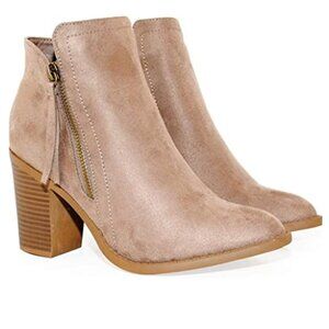 Stacked Chunky Heel Booties Taupe Elevated Suede Ankle Boots | Soft. Neutral